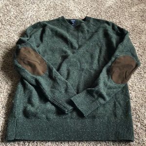 Mens green wool sweater with leather elbow patches
